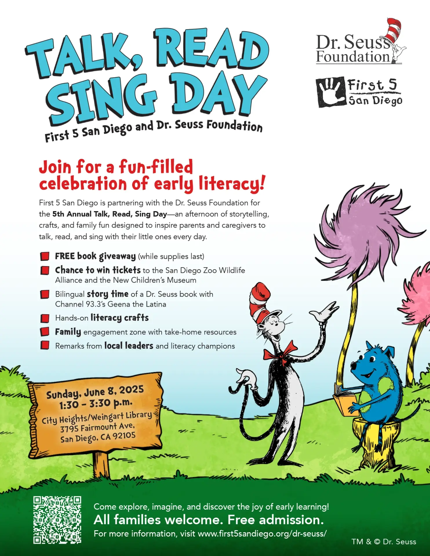 Talk, Read, Sing Day. Join for a fun-filled celebration of early literacy! Sunday, June 8, 2025 at 1:30 - 3:30pm. City Heights/Weingart Library, 3795 Fairmount Ave, San Diego, CA 92105